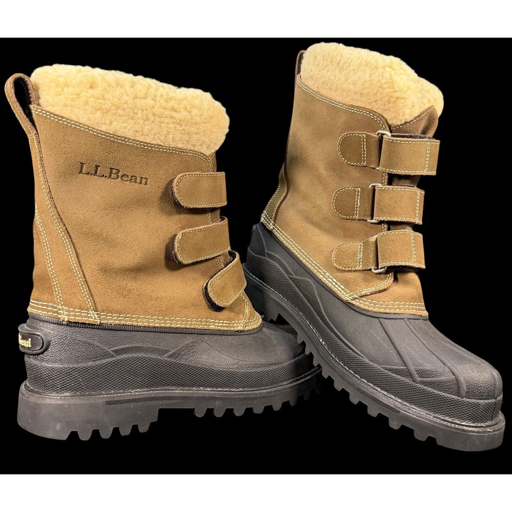 LL BEAN Men's Brown Hook & Loop Felt Lined Rubber Snow Suede Winter Boots 11M